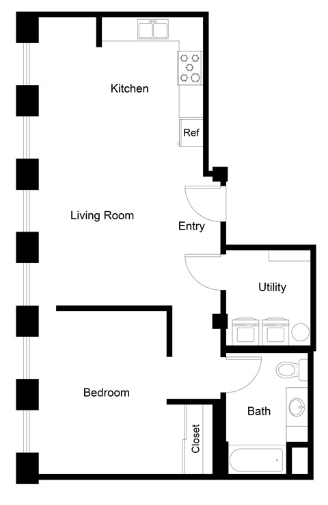 Floor plan for 1 bed, 1 bath, 770 sqft